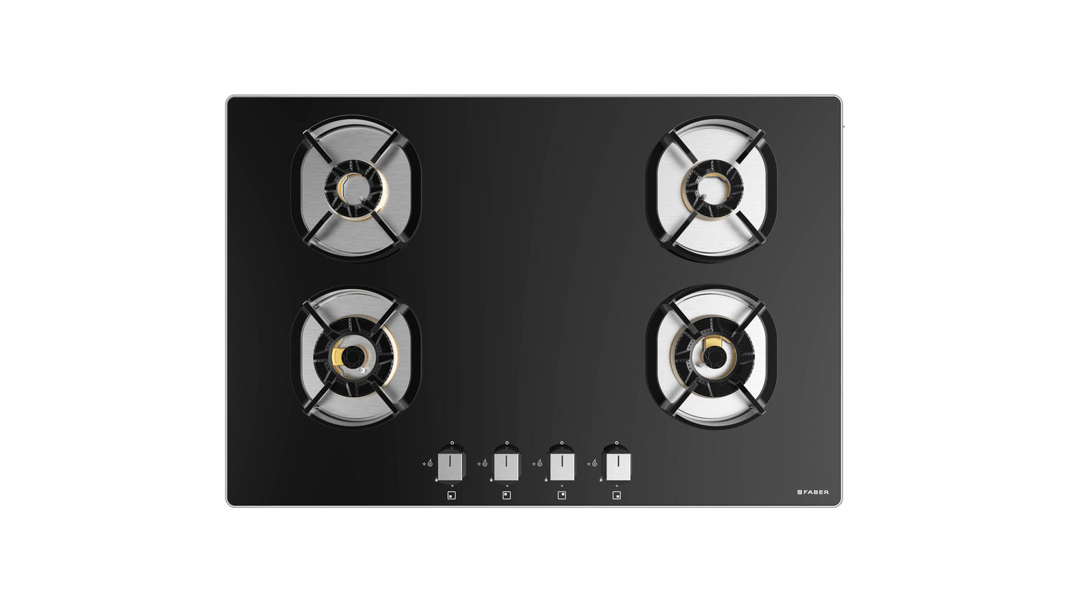 Faber gas stove glass top with 4 brass burner, black toughened glass
