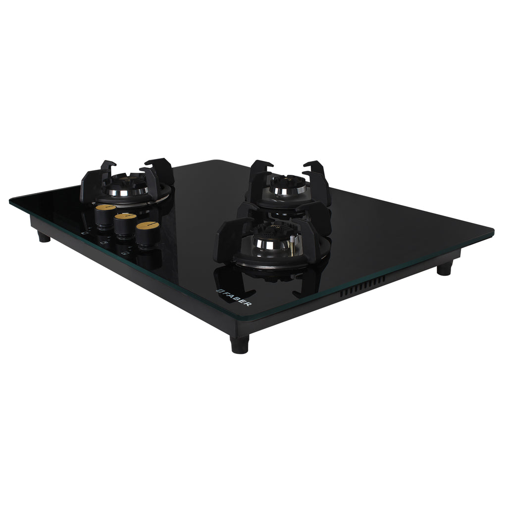 Faber auto ignition cooktop with 3 brass burner & metallic knobs, black