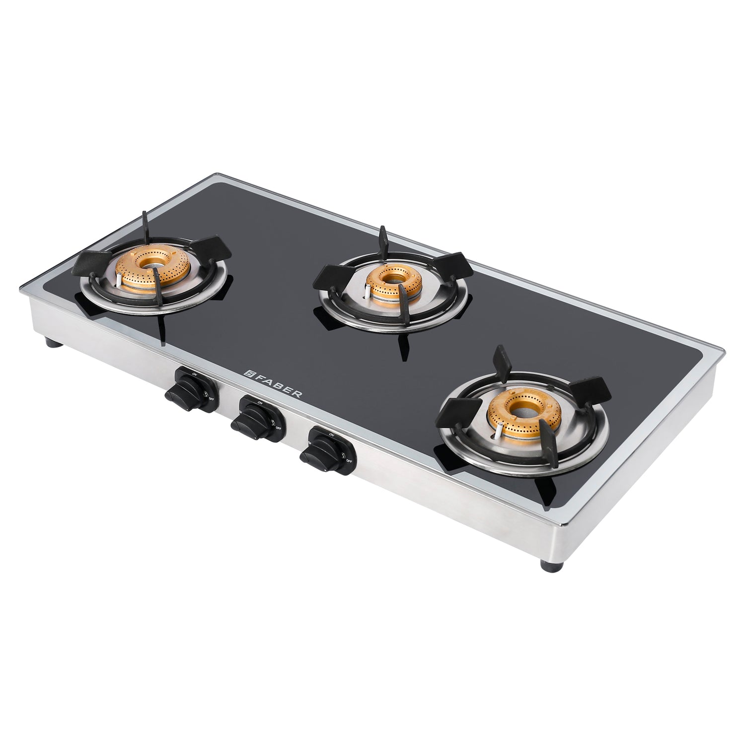Faber manual ignition cooktop, black toughened glass cooktop, 3 brass