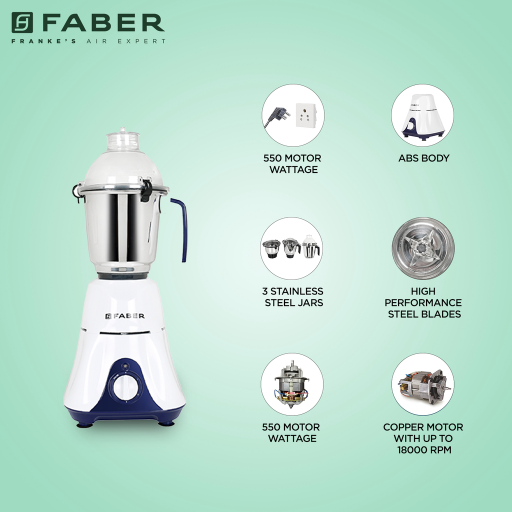 Faber mixer grinder with 3 jar 550W, stainless steel blades mixer
